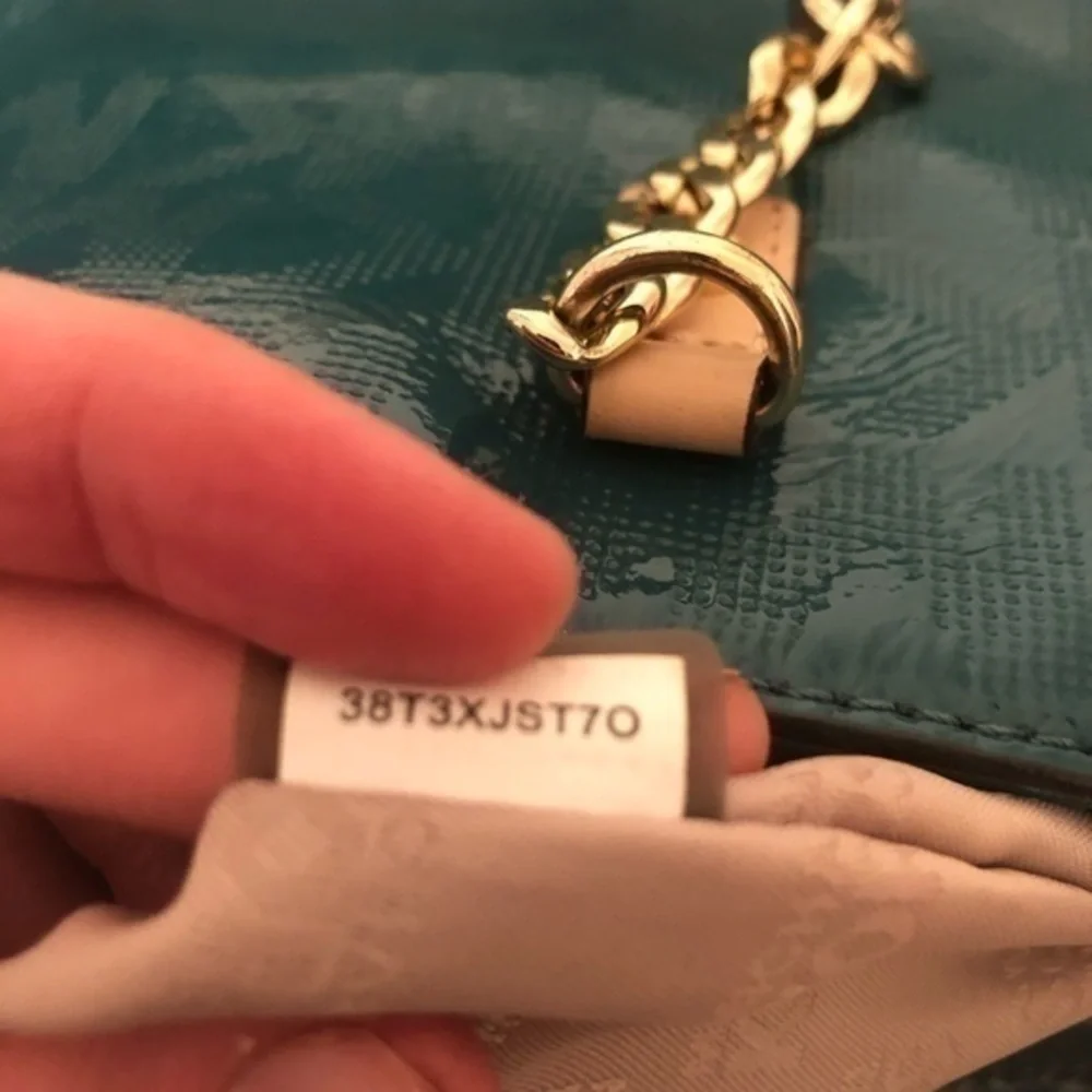 MICHAEL KORS jet set green patent leather embossed logo tote bag